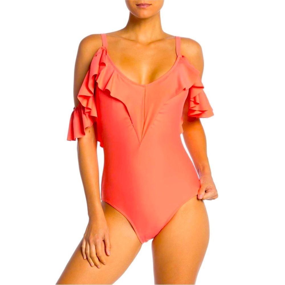 Nicole Miller Orange Ruffled Cold Shoulder One Piece Swimsuit Bathing Suit Small